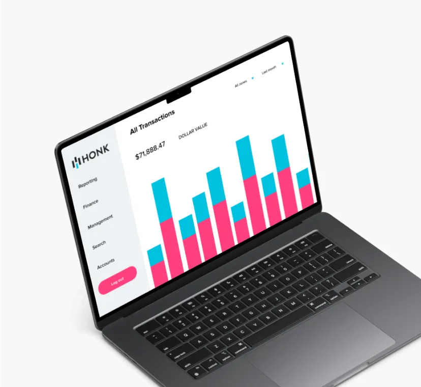 Laptop screen showing a bar chart of transactions in the HONK app.