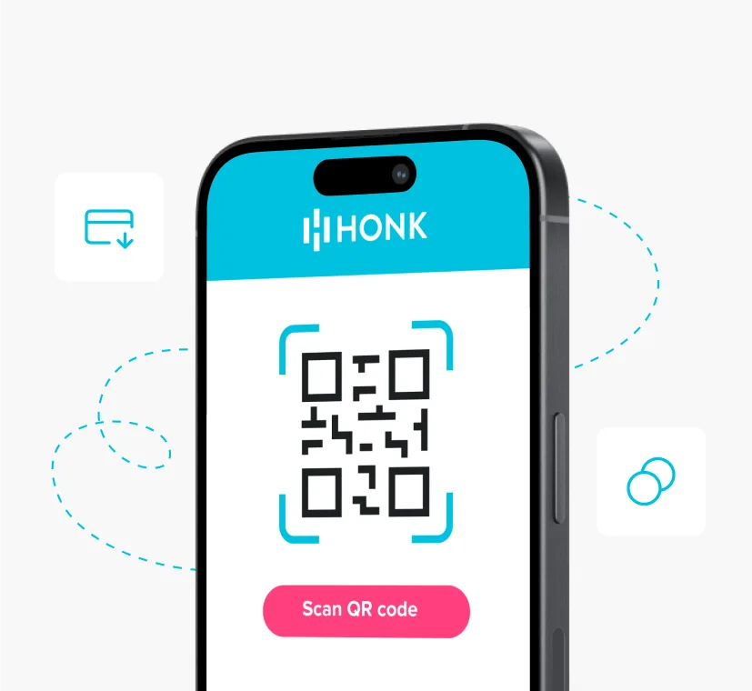 Smartphone displaying a QR code in the HONK app with a 'Scan QR code' button below.