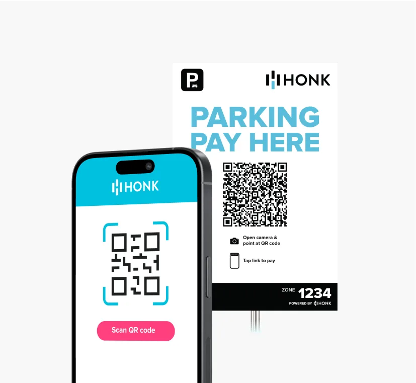 Smartphone displaying a QR code in the HONK app next to a 'Parking Pay Here' sign with QR code for payment.