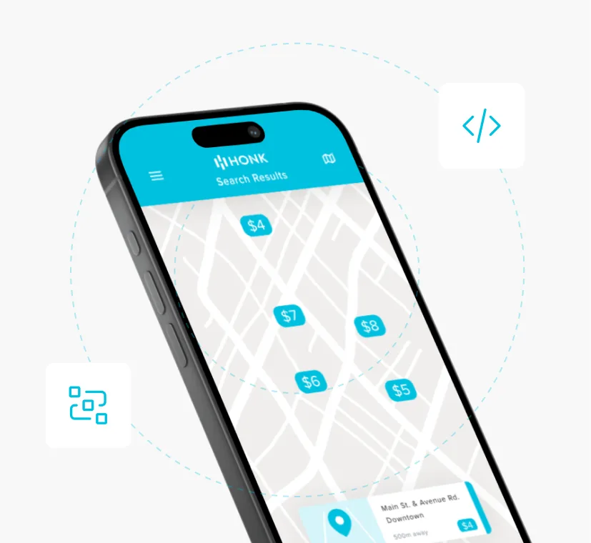 Smartphone showing a map with parking prices ranging from $4 to $8 in the HONK app.