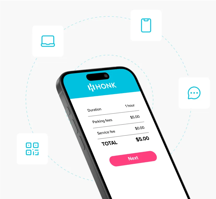 Smartphone displaying the HONK app with parking fee details, total cost of $5, and a 'Next' button.