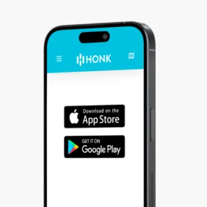 Smartphone screen displaying HONK app download options for the App Store and Google Play.