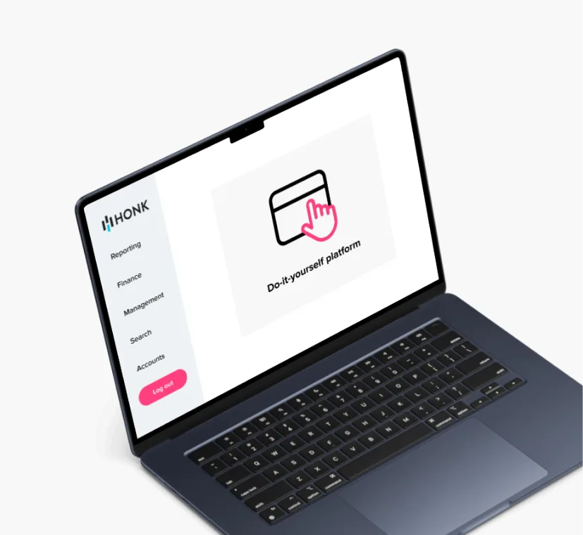 Laptop screen showing the HONK app with a 'Do-it-yourself platform' message and an icon of a hand tapping a screen.
