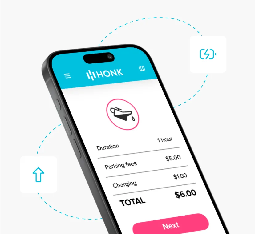 Mobile phone showing a sample payment screen in the HONK app with parking and charging fees.