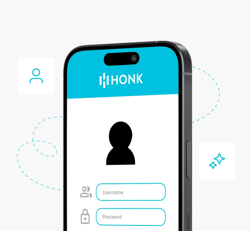 Smartphone screen showing the HONK app login page with a user icon, fields for username and password, and a 'Sign In' button.