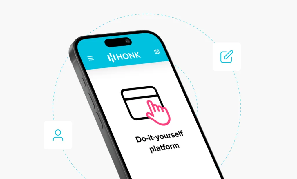 Smartphone displaying the HONK app with a 'Do-it-yourself platform' message and an icon of a hand tapping a screen.