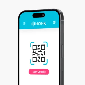 Smartphone screen displaying a QR code in the HONK app with a 'Scan QR code' button.