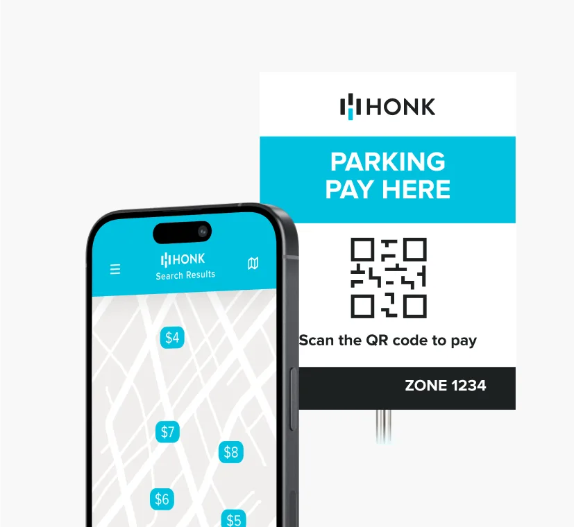 Smartphone showing parking prices on a map in the HONK app next to a 'Parking Pay Here' sign with a QR code.