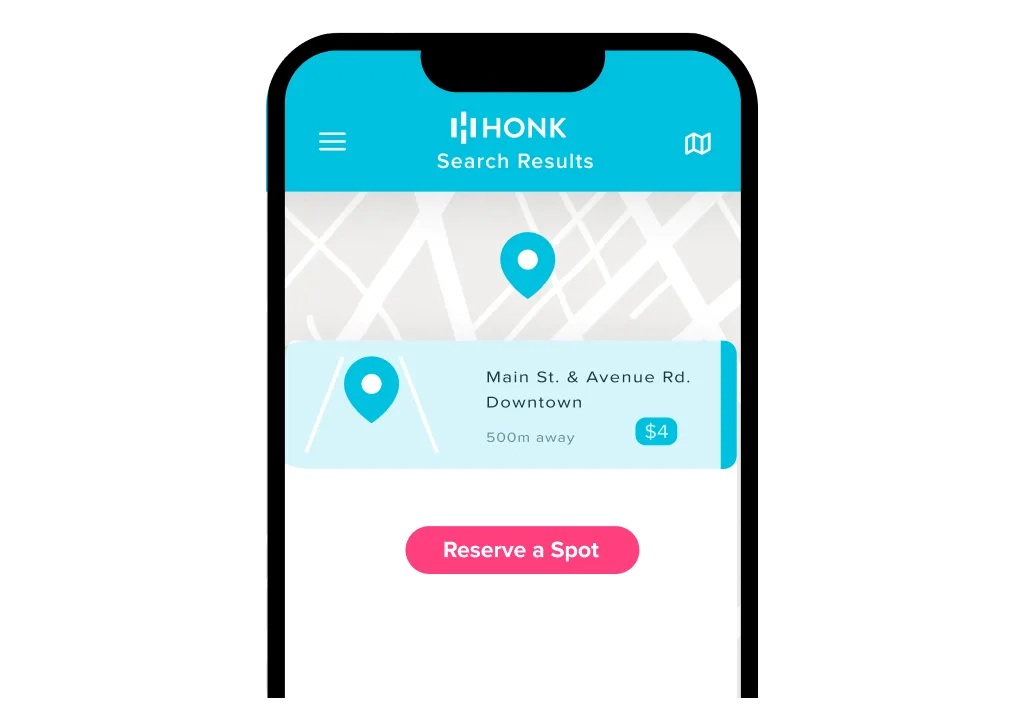 Image of a smartphone screen displaying the HONK app with a map and a parking spot search result.