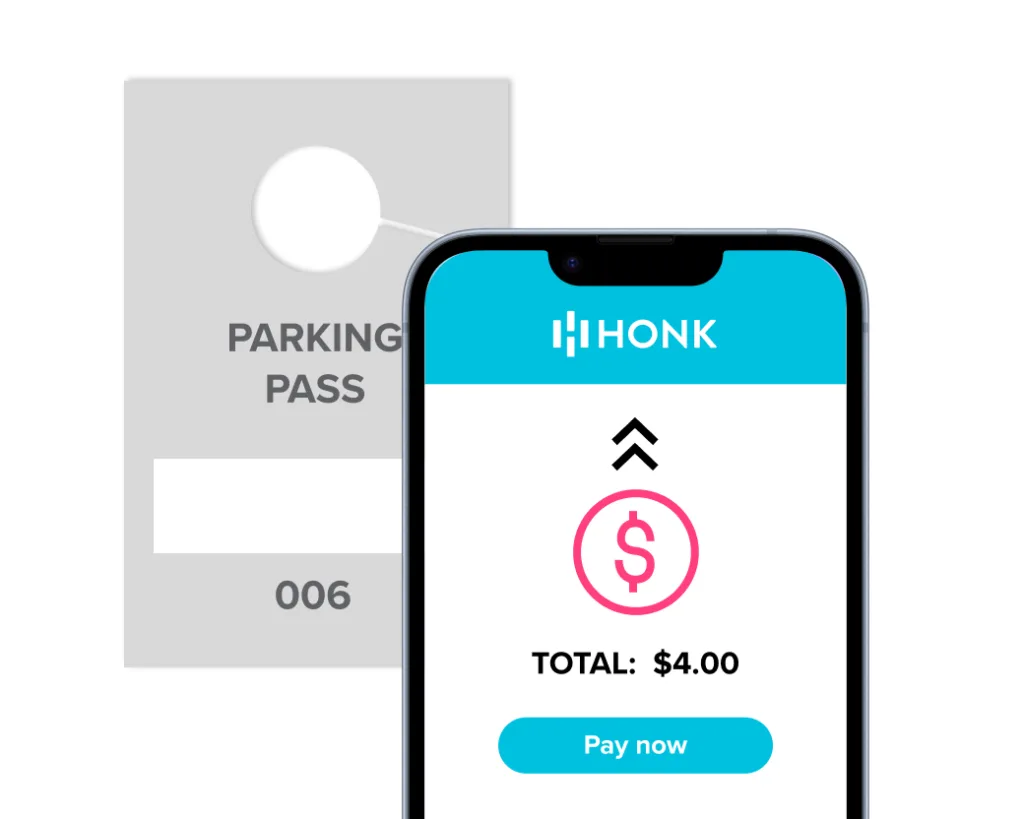 Image showing a parking pass tag with the number '006' next to a smartphone screen displaying the HONK app interface