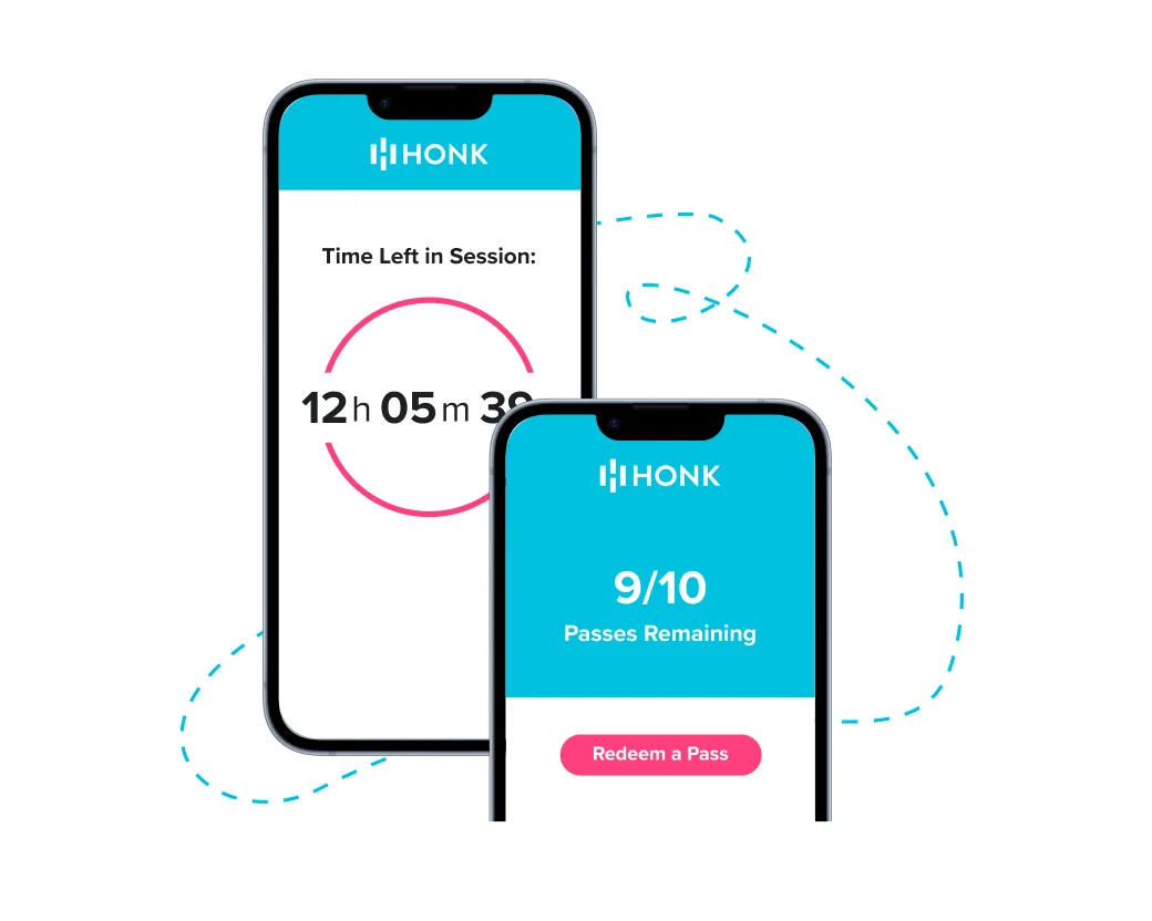 Two smartphones showing HONK app screens for session time left and passes remaining.