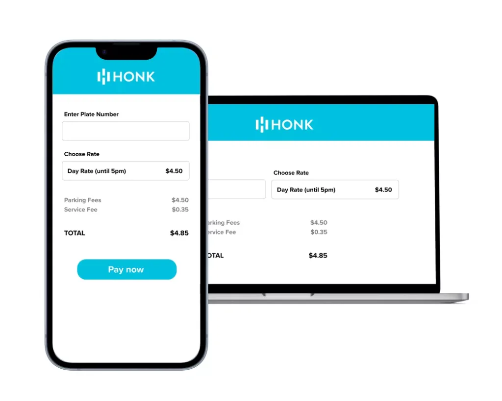 Smartphone and laptop screens displaying the HONK app interface with parking rate information.