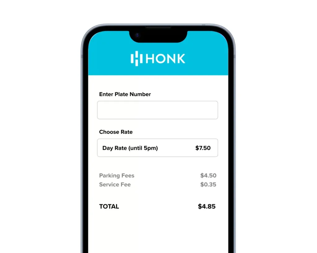 Phone screen showing HONK app with parking rate and fees.