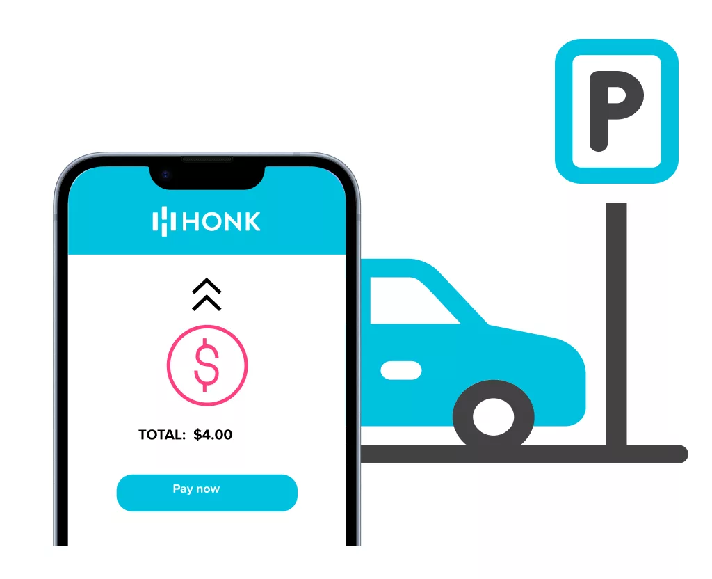 Phone with HONK app and parking sign next to a car