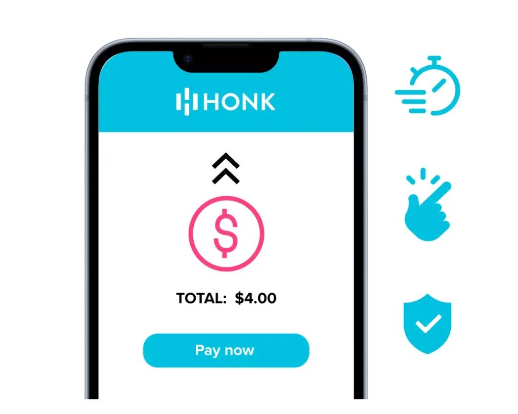 Smartphone screen displaying the HONK app with a payment option showing a total of $4.00 and a 'Pay now' button.