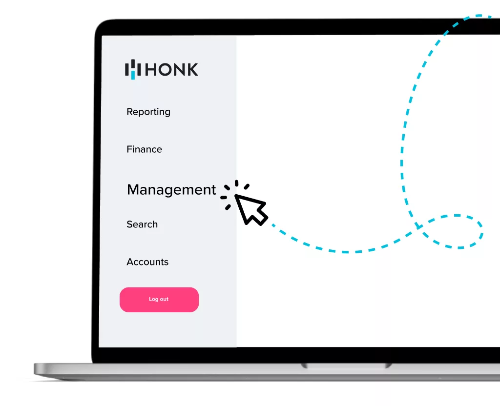 Laptop screen with HONK app menu and cursor pointing to 'Management.