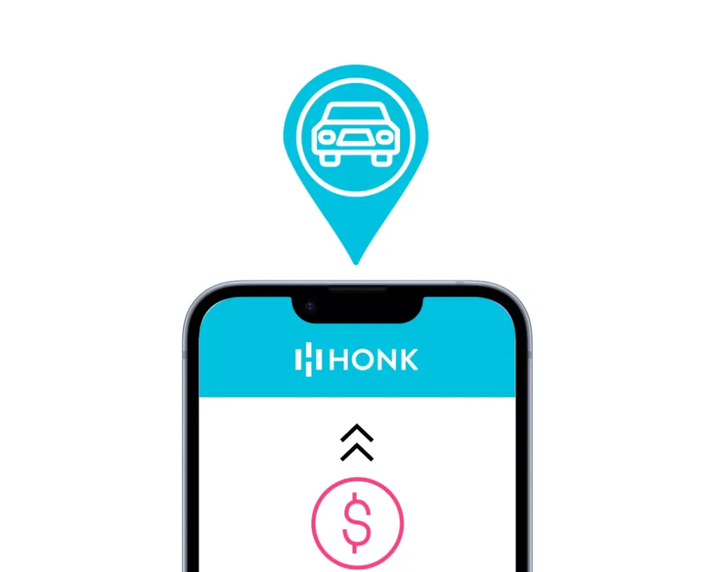 Phone with HONK app and car location icon above it.